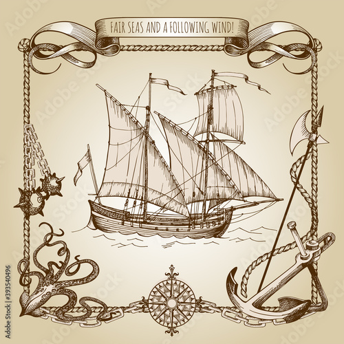 Adventure stories. Pirate background. Vintage border frame. Old caravel, vintage sailboat. Octopus, daggers, anchor, anchor chains