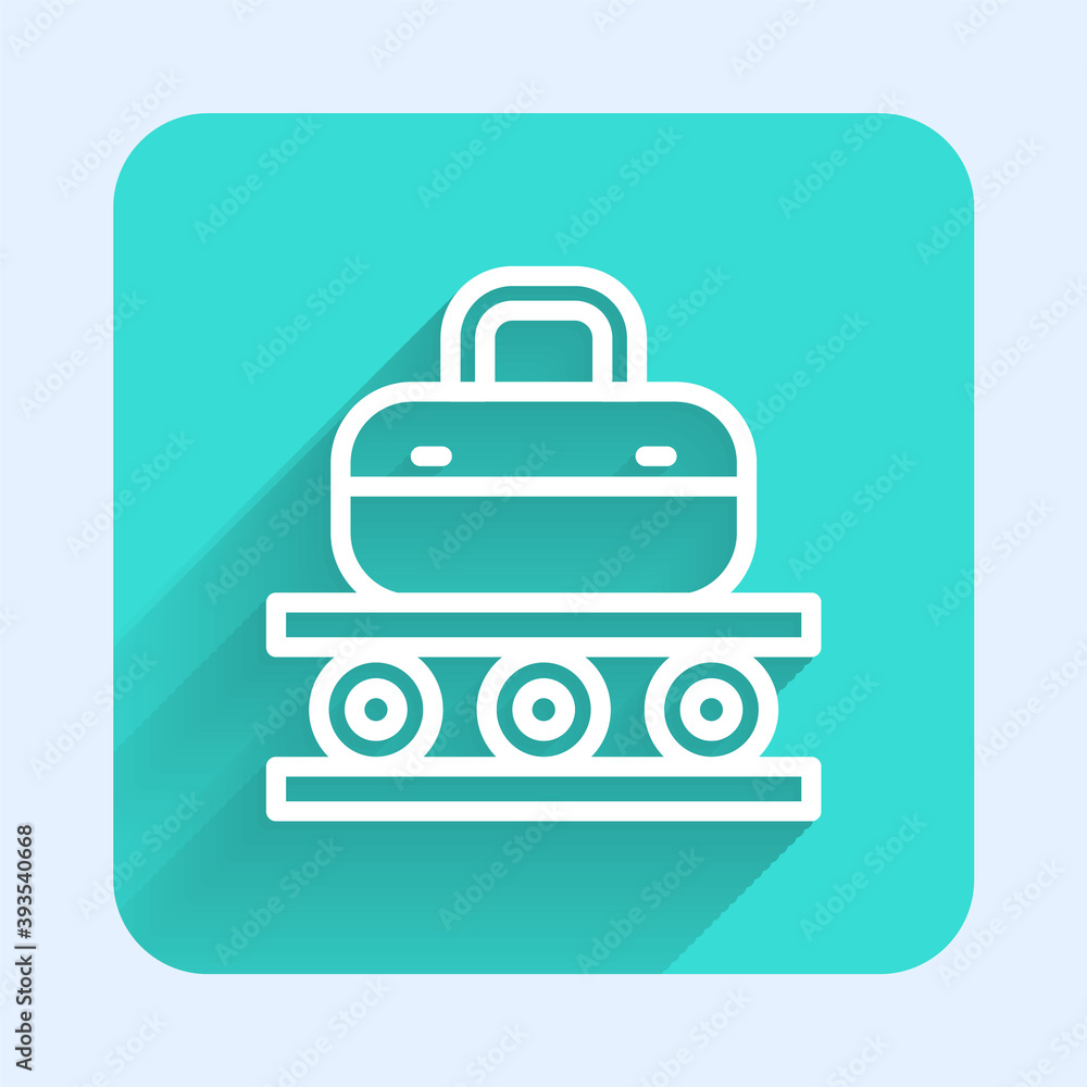 White line Airport conveyor belt with passenger luggage, suitcase, bag, baggage icon isolated with long shadow. Green square button. Vector. White line Airport conveyor belt with passenger luggage, suitcase, bag, baggage icon isolated with long shadow. Green square button. Vector.