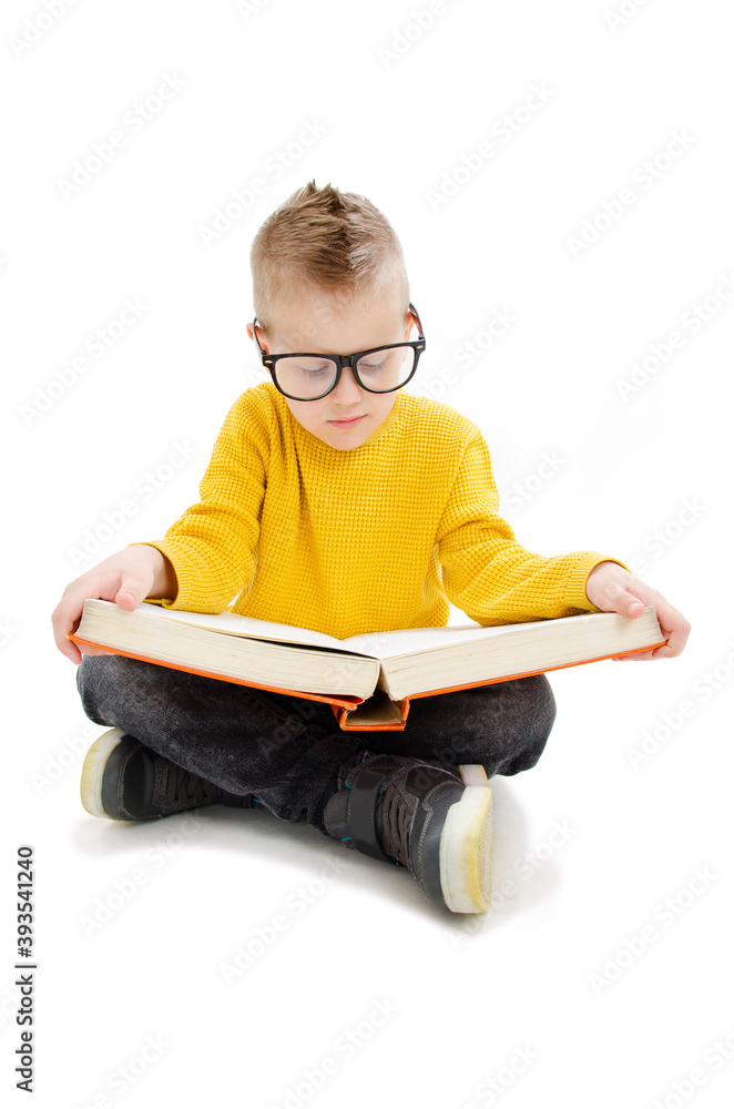 Education and school concept - adorable boy with eyeglasses sitting on floor and reading book. Isolated on white background
Education and school concept - adorable boy with eyeglasses sitting on floor and reading book. Isolated on white background