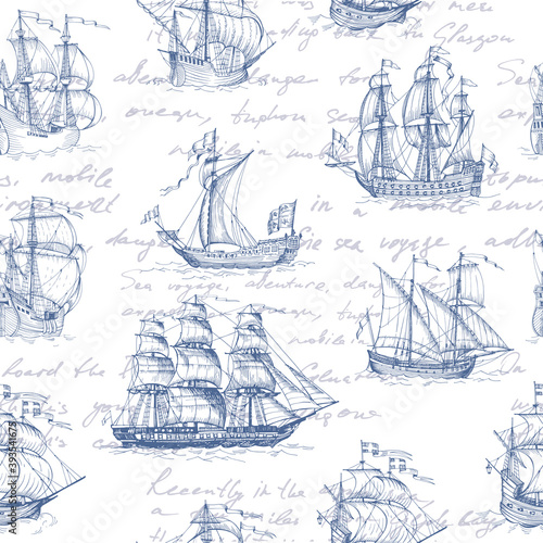 Old caravel, vintage sailboat. Hand drawn vector sketch. Detail of the old geographical maps of sea. Vector seamless pattern
