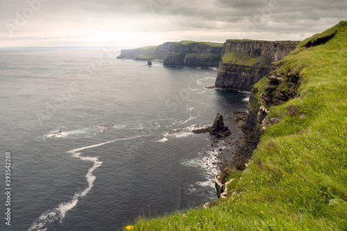 View on Cliff of Moher, county Clare, Ireland. Popular tourist attraction with epic view. Cloudy sky. Nobody.