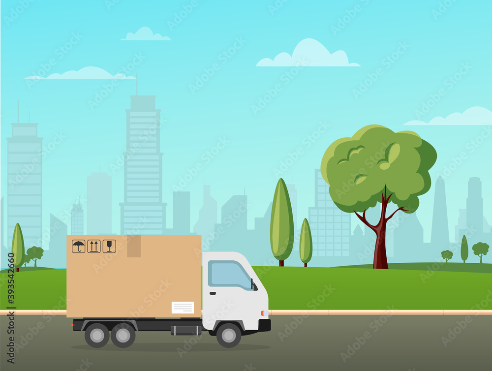 Delivery truck on the landscape city. Flat style vector illustration delivery service.