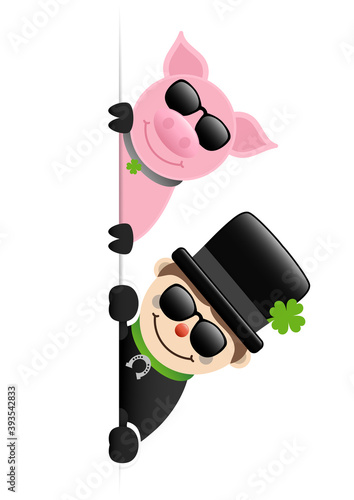 Canvas Print Schwein Und Schornsteinfeger Mit Sonnenbrille Übereinander Banner Rechts Außen