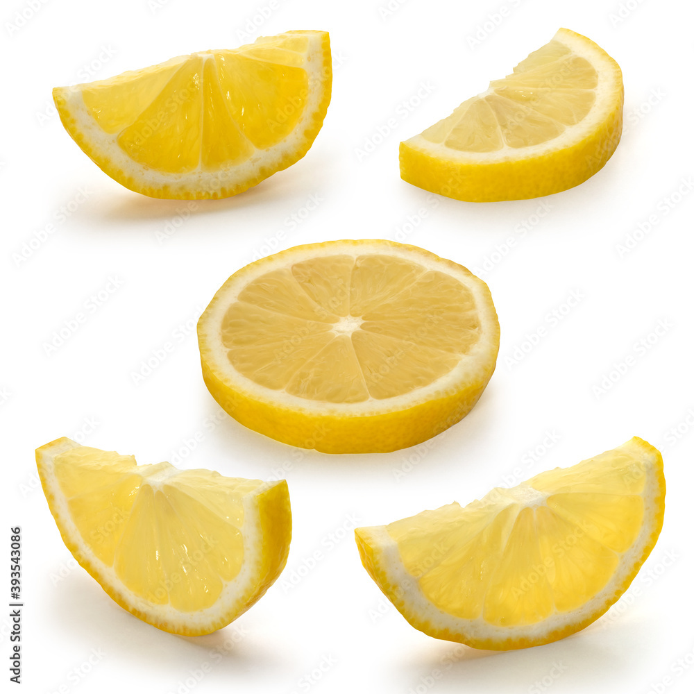 Fototapeta premium Set of cut fresh juicy lemon on white background. Full depth of field. With clipping path