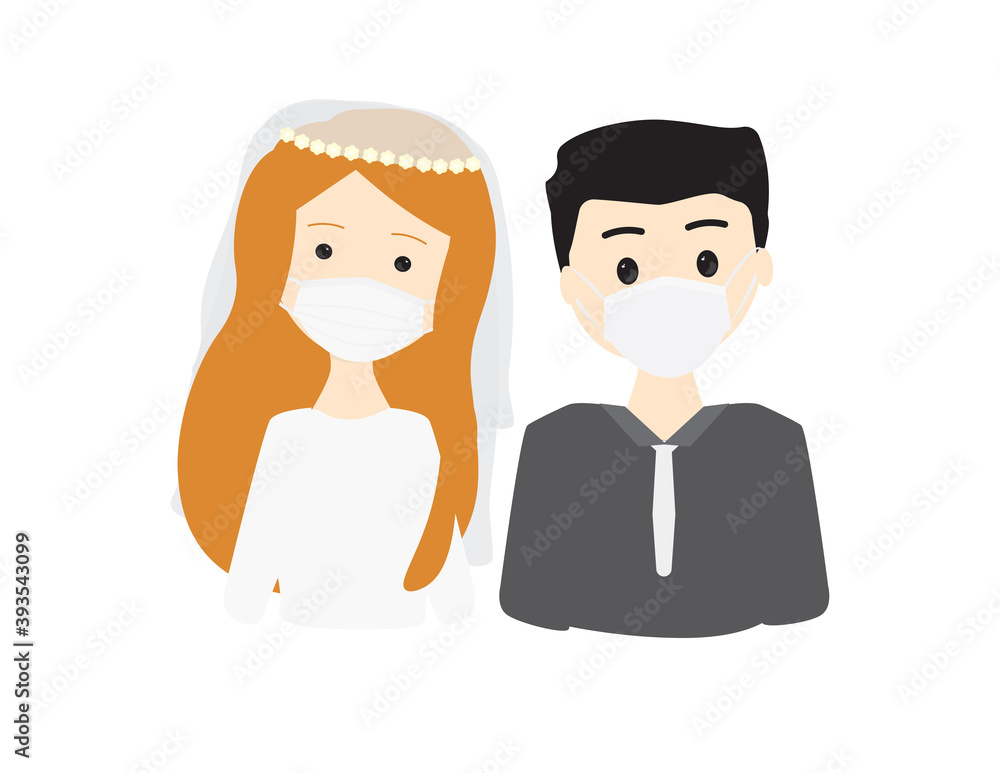 Fototapeta premium Young broom and bride wearing face masks