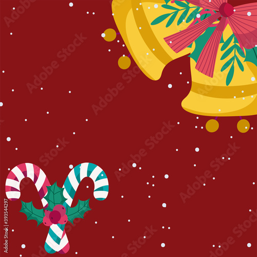 merry christmas golden bells and candy canes red background