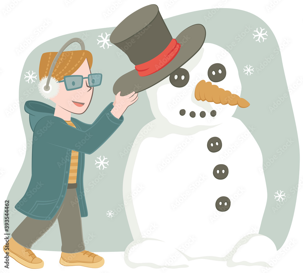 Plakat Boy with glasses making a snowman. Retro style illustration of a boy putting a hat on a snowman.