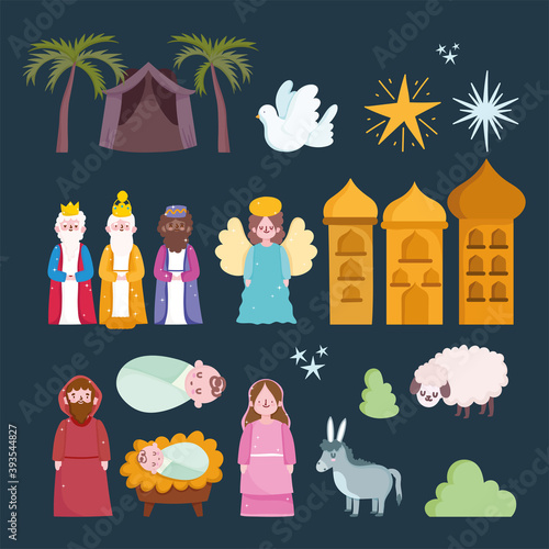nativity manger cartoon set icons include mary joseph baby angel and more
