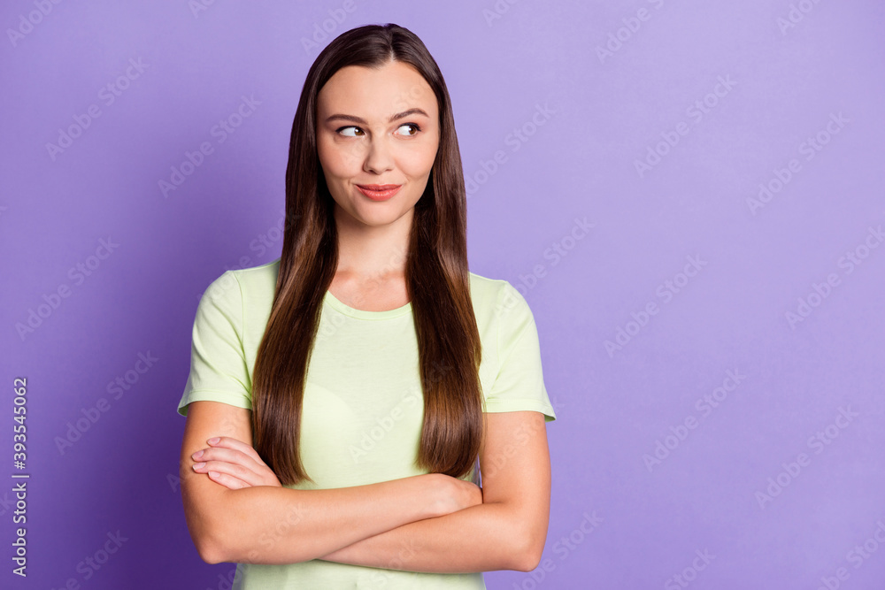 Photo of gorgeous person crossed arms look empty space wear light green outfit isolated on pastel magenta color background Photo of gorgeous person crossed arms look empty space wear light green outfit isolated on pastel magenta color background