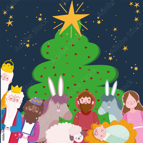 nativity  manger scene characters with tree and animals cartoon
