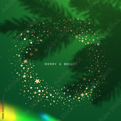 Celebration Background with Circle Frame of Dots and Stars, Rainbow Bokeh and Christmas Tree Shadow. Vector New Year Card with Shiny and Overlay Effects