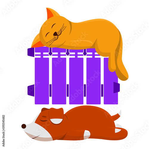 A ginger cat lies on the radiator, and a brown dog lies under the radiator. Lovely pets warm themselves near the battery. Vector illustration