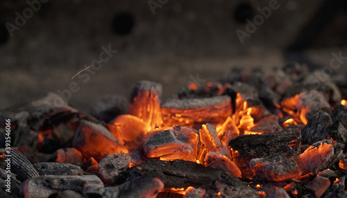Burning charcoal on a barbecue. Glowing ashes with embers.