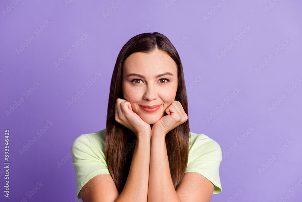 Portrait of gorgeous person hands under chin comfy look camera smile wear light green isolated on magenta color background Portrait of gorgeous person hands under chin comfy look camera smile wear light green isolated on magenta color background