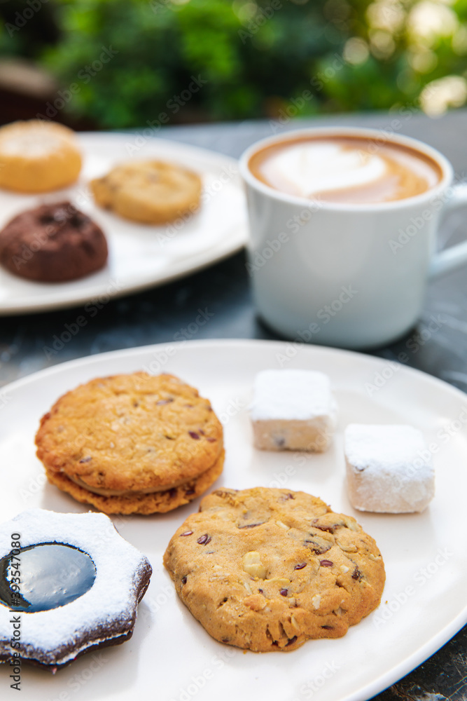 Chocolate chip cookies and cup of espresso coffee for breakfast. Chocolate chip cookies and cup of espresso coffee for breakfast.