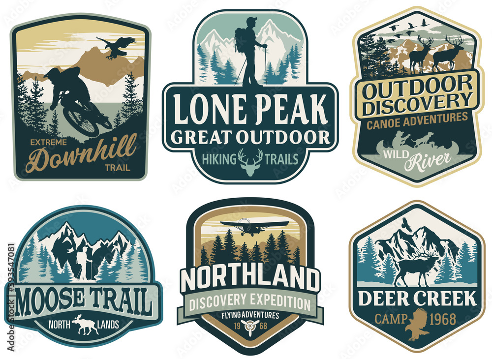 The great outdoor discovery adventure labels and patches vector ...