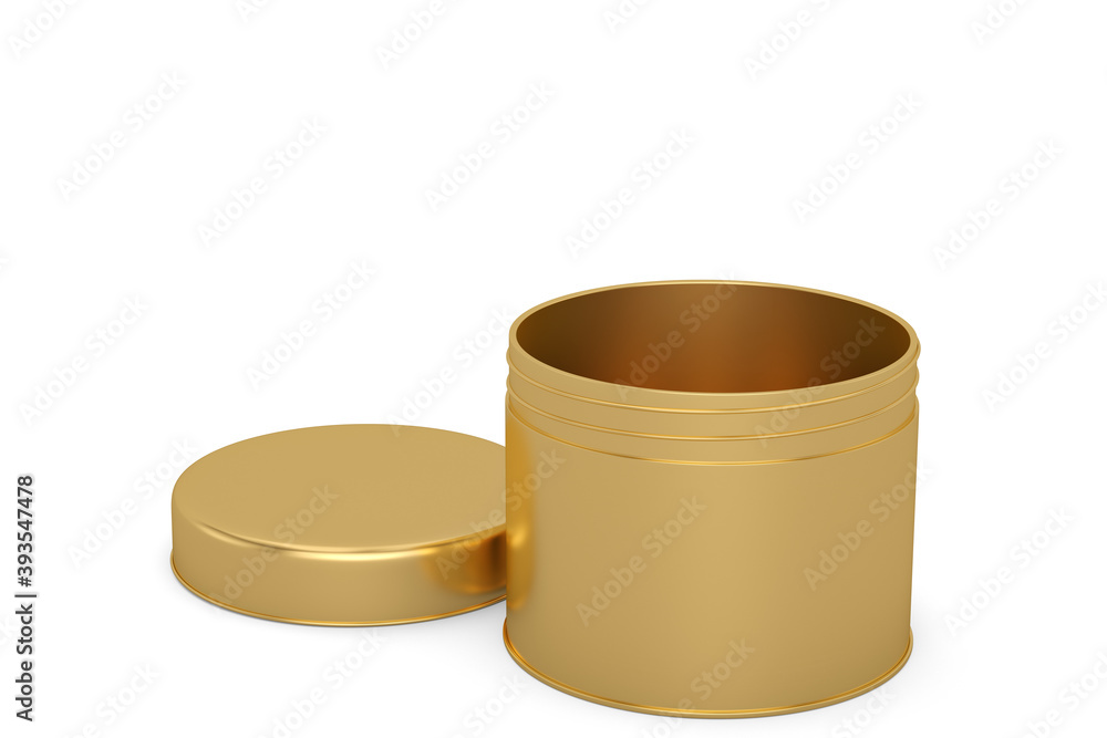 Gold round metal box Isolated On White Background, 3D rendering. 3D illustration. Gold round metal box Isolated On White Background, 3D rendering. 3D illustration.