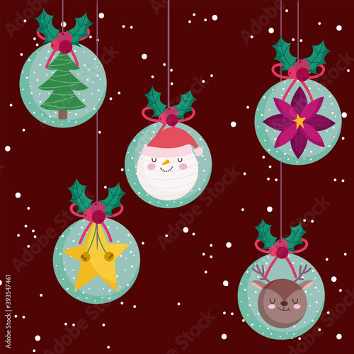 merry christmas cute snowballs with reindeer santa flower star and tree