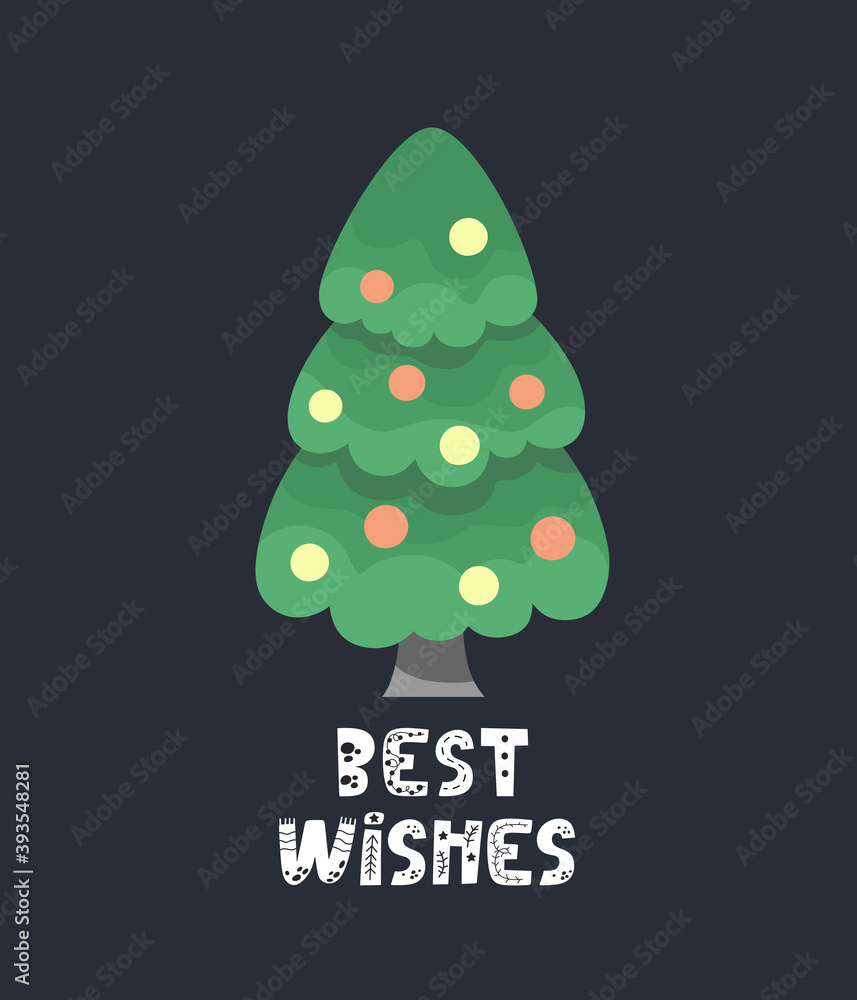 Best wishes congratulatory phrase. Christmas tree with Christmas balls. Vector illustration Best wishes congratulatory phrase. Christmas tree with Christmas balls. Vector illustration