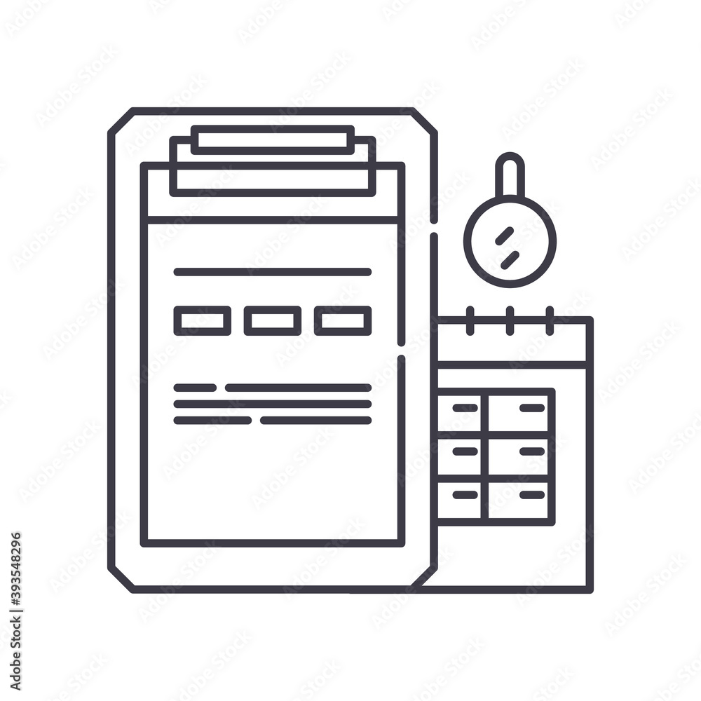Credit report icon, linear isolated illustration, thin line vector, web design sign, outline concept symbol with editable stroke on white background. Credit report icon, linear isolated illustration, thin line vector, web design sign, outline concept symbol with editable stroke on white background.