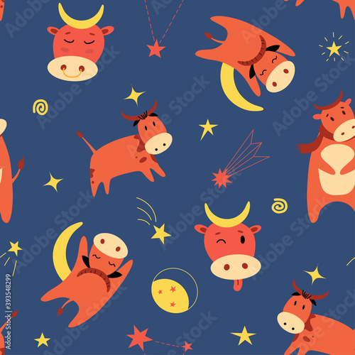 Bull horns moon flat vector seamless pattern. Funny repeat ox on blue background. Sleeping cow, calf and stars texture. New year sign 2021. Baby hand drawn design for fabric, textile, wrapper, print