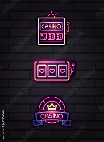casino, slot machine chip gambling neon sign on brick wall