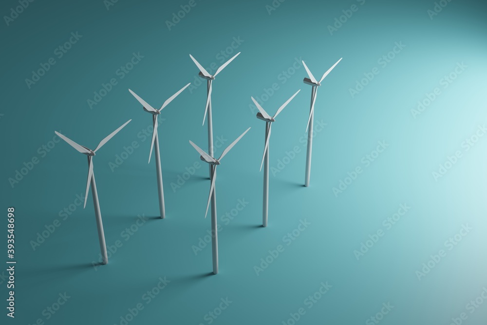 3D rendered image of a wind farm consisting of an array of wind turbines producing green energy to prevent global warming 3D rendered image of a wind farm consisting of an array of wind turbines producing green energy to prevent global warming