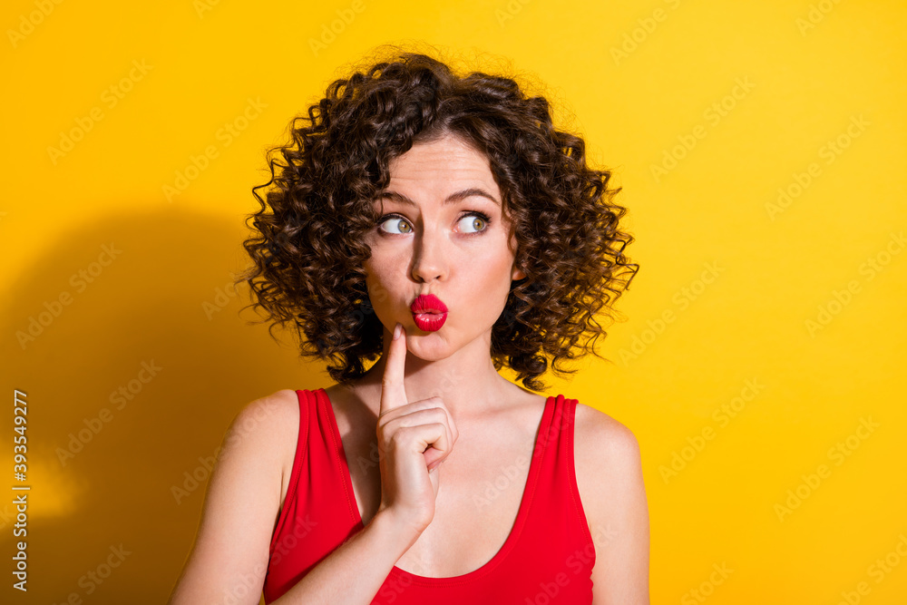 Close-up portrait of her she nice-looking attractive glamorous creative smart clever wavy-haired girl overthinking pout lip fantasize guess isolated bright vivid shine vibrant yellow color background Close-up portrait of her she nice-looking attractive glamorous creative smart clever wavy-haired girl overthinking pout lip fantasize guess isolated bright vivid shine vibrant yellow color background