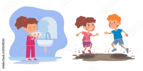 Good child washing face versus bad kids in mud. Boy and girl jumping in dirty puddle outdoor vs clean girl with soap at bathroom. Manners and behavior vector illustration