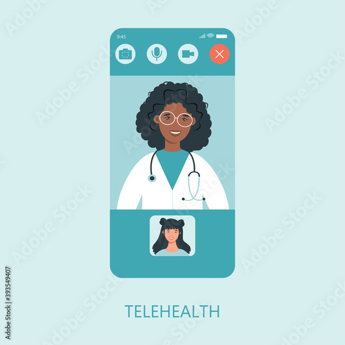 Virtual doctor app flat vector illustration. Mobile consultation, smart medical assistance. Modern telemedicine, eHealth concept, telehealth, Coronavirus Covid-19, quarantine motivational poster.