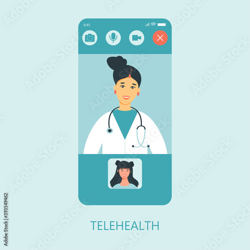 Virtual doctor app flat vector illustration. Mobile consultation, smart medical assistance. Modern telemedicine, eHealth concept, telehealth, Coronavirus Covid-19, quarantine motivational poster.