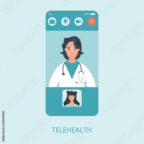 Virtual doctor app flat vector illustration. Mobile consultation, smart medical assistance. Modern telemedicine, eHealth concept, telehealth, Coronavirus Covid-19, quarantine motivational poster.