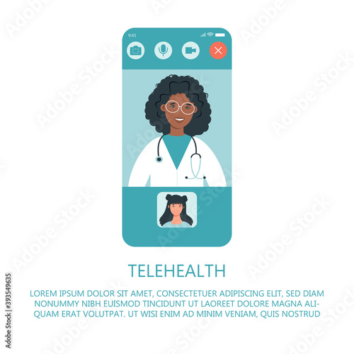 Virtual doctor app flat vector illustration. Mobile consultation, smart medical assistance. Modern telemedicine, eHealth concept, telehealth, Coronavirus Covid-19, quarantine motivational poster.