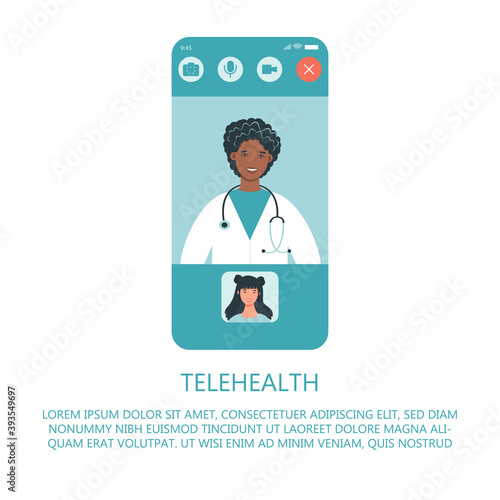 Virtual doctor app flat vector illustration. Mobile consultation, smart medical assistance. Modern telemedicine, eHealth concept, telehealth, Coronavirus Covid-19, quarantine motivational poster.