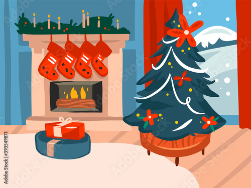 Hand drawn vector abstract stock flat Merry Christmas,and Happy New Year cartoon festive illustrations of big decorated fireplace and xmas tree in holiday home interior isolated on color background