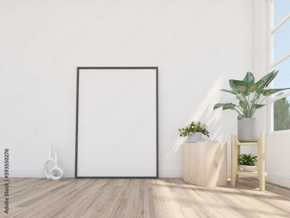 Empty picturer frame on the floor in cozy space. Interior frame mockup.3d rendering - obrazy, fototapety, plakaty 