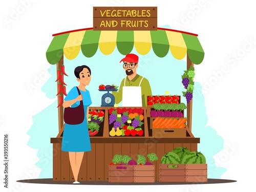 Man seller sells fresh organic fruit and vegetable in street shop. Seasonal outdoor farmer local market. Vector concept of retail business, small business, private enterprise, healthy food.