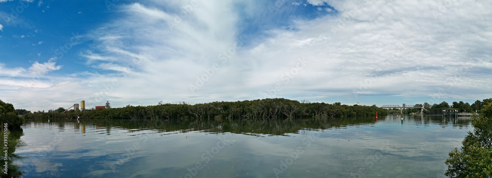 Fototapeta premium Beautiful panoramic view of a river with reflections of trees, deep blue sky and light clouds on water, Parramatta river, Rydalmere, Sydney, New South Wales, Australia 
