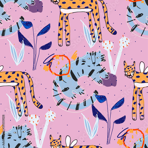 Trendy vector seamless pattern illustration of hand-drawn orange cheetah and blue tiger on apink background. Childish kid design for fabric, textile, paper, wallpaper, wrapping, poster, apparel, print photo
