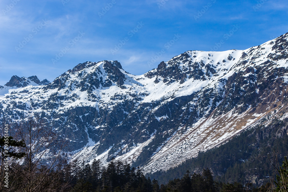 The Nets Peak and Soum de la Heougade, viewed from the ski resort Pont d'Espagne in the French Pyrenees, in the department of the Hautes-Pyrénées, near the town of Cauterets, France.