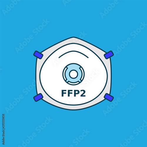 FFP2 respirator face mask. Corona virus or dust protection. Color icon on blue background. Respiratory protective device, filtration of airborne particles. Vector illustration, flat, outline, clip art