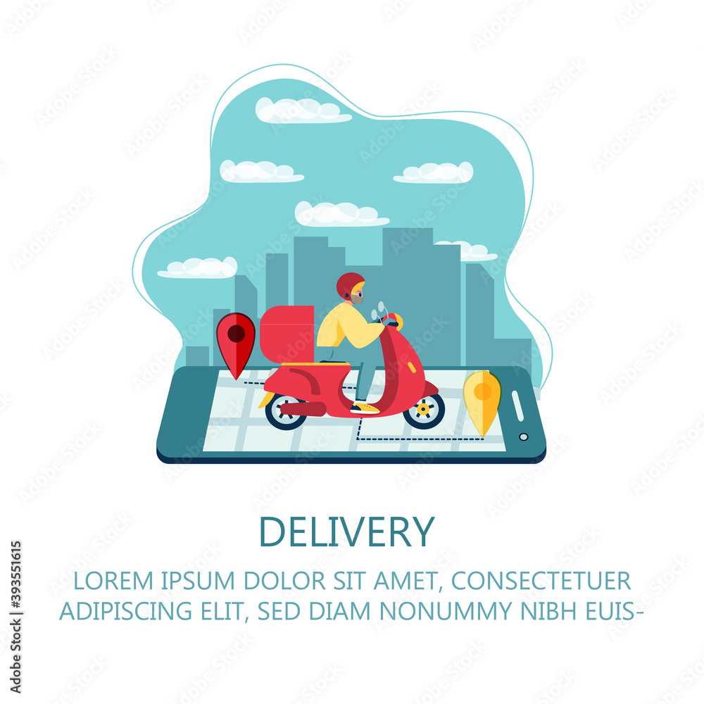 Scooter with delivery man flat vector cartoon character. Fast courier. Restaurant food service, mail delivery service, a postal employee the determination of geolocation using electronic device
Scooter with delivery man flat vector cartoon character. Fast courier. Restaurant food service, mail delivery service, a postal employee the determination of geolocation using electronic device