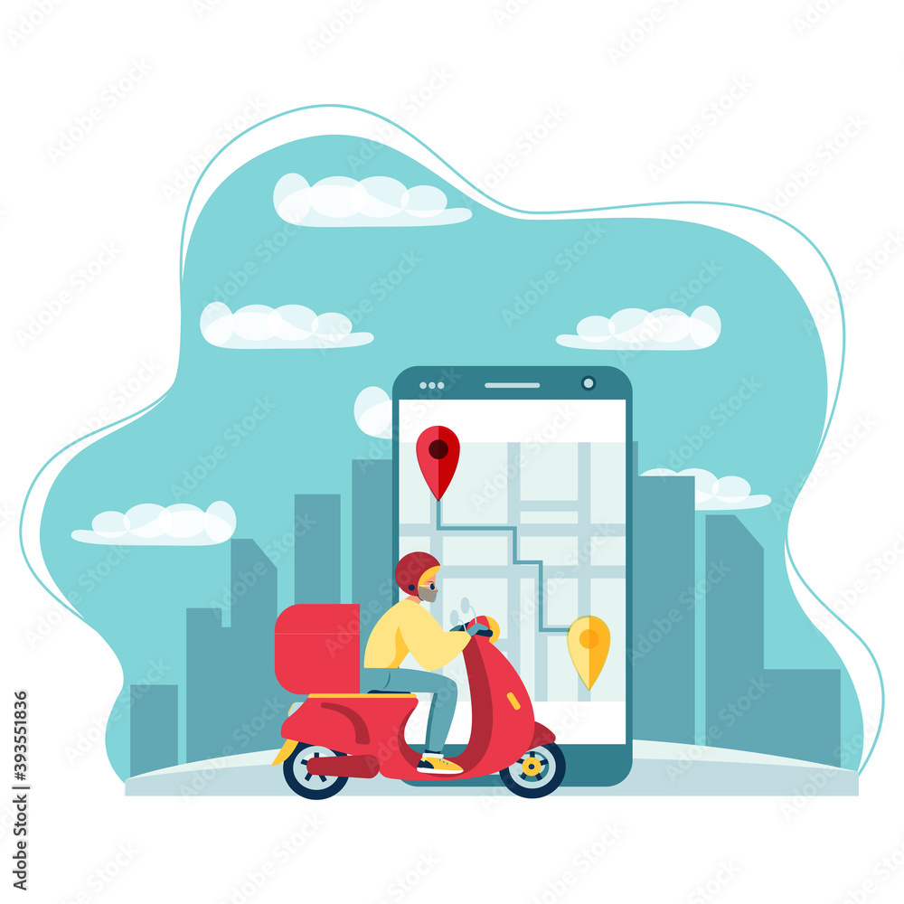 Fototapeta premium Scooter with delivery man flat vector cartoon character. Fast courier. Restaurant food service, mail delivery service, a postal employee the determination of geolocation using electronic device 