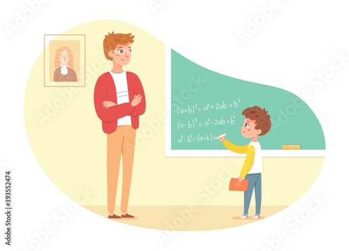 Man teaching maths lesson in class, boy answering at blackboard. Teacher in education vector illustration. Young man standing, student writing formula in mathematics class
