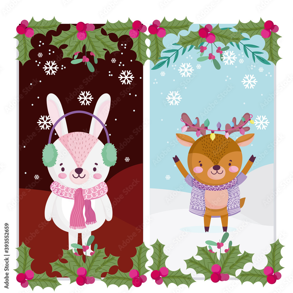 Naklejka premium merry christmas, cute reindeer and rabbit with scarf lights and holly berry greeting cards