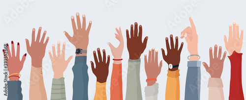 Anonymous arms and raised hands of multiethnic multicultural people. Crowd diversity people. Participation or election concept. Man and women of diverse races. Communication. Racial equality