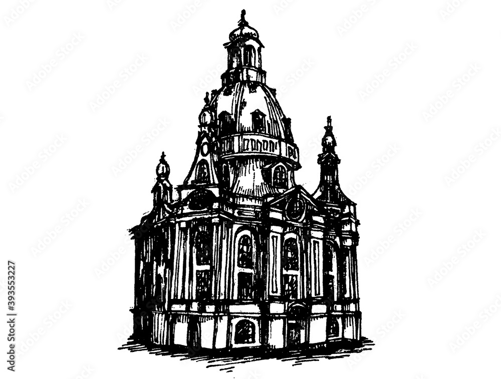 Dresden Frauenkirche  vector hand drawn black and white illustration 