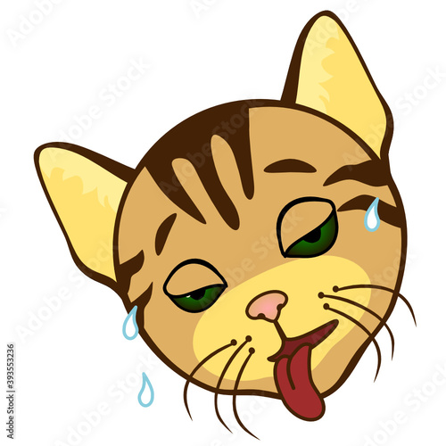 emoticon with a deadly cat sticks out its tongue  sweat flows from his forehead  color vector emoji on a white isolated background 
