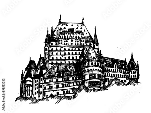 Chateau Frontenac vector hand drawn black and white illustration 