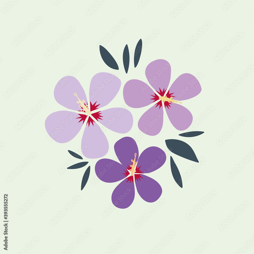 A bouquet of Korean rose flower Sharon is hand-drawn in isolation on a green background. Purple cartoon flower with leaves. Colored plant element. Decorative element of vector design.